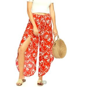Red Floral Print Split Drawstring Pants - M